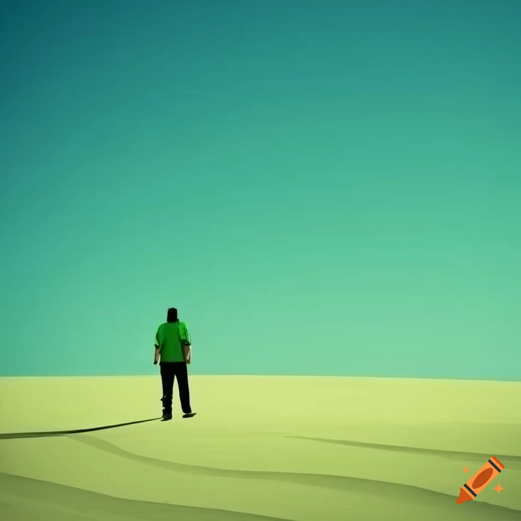 Solitary man walking in a green-colored desert landscape