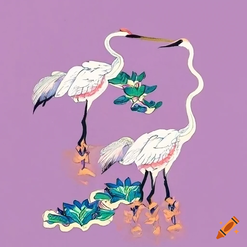 Korean folk painting with lotus flower, book, and crane