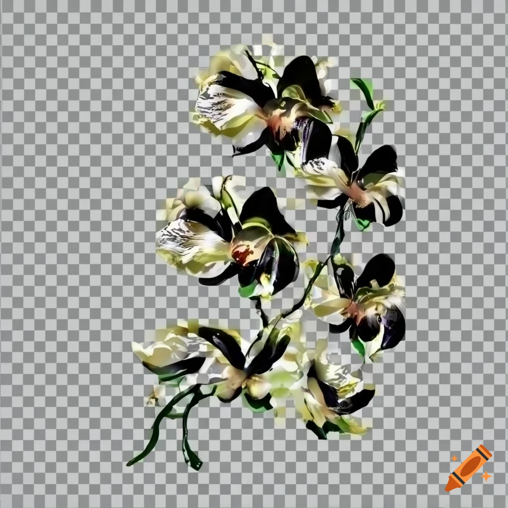 Flowering orchid vine in black, white, green, and gold on transparent background in video game style
