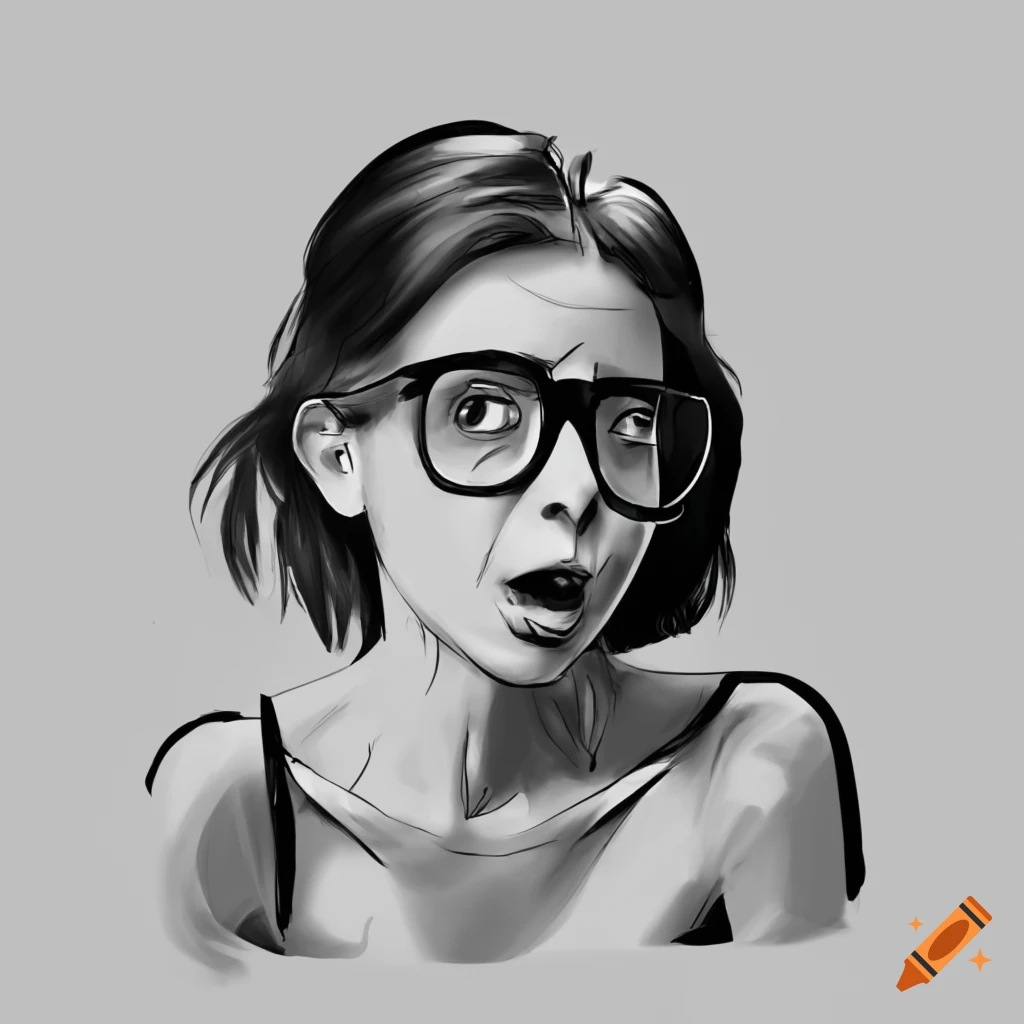 Geeky individual with exaggerated glasses leaning against a wall in a cartoon drawing
