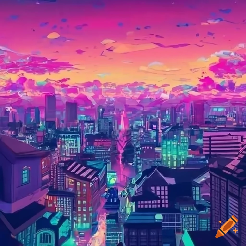 Aerial view of a city in bright magical anime colors