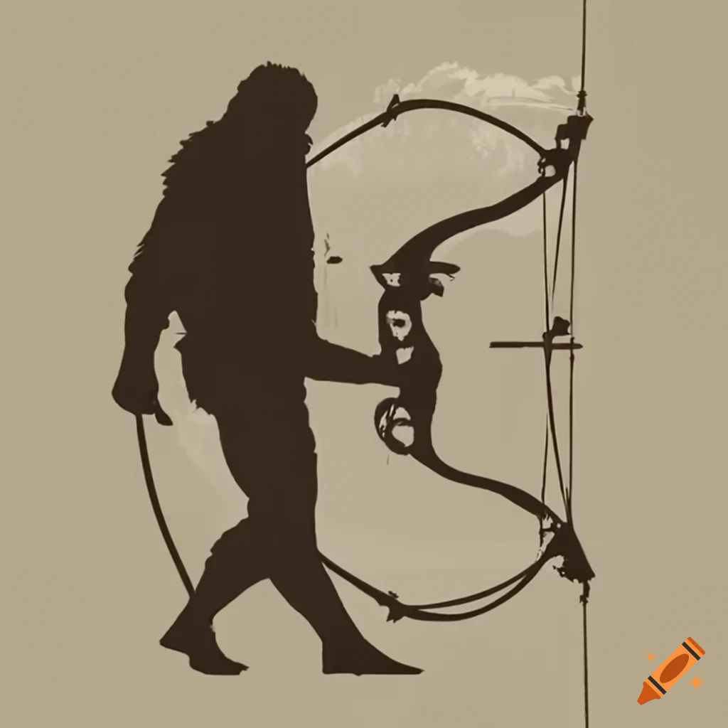 Silhouette of bigfoot bowfishing with a recurve bow