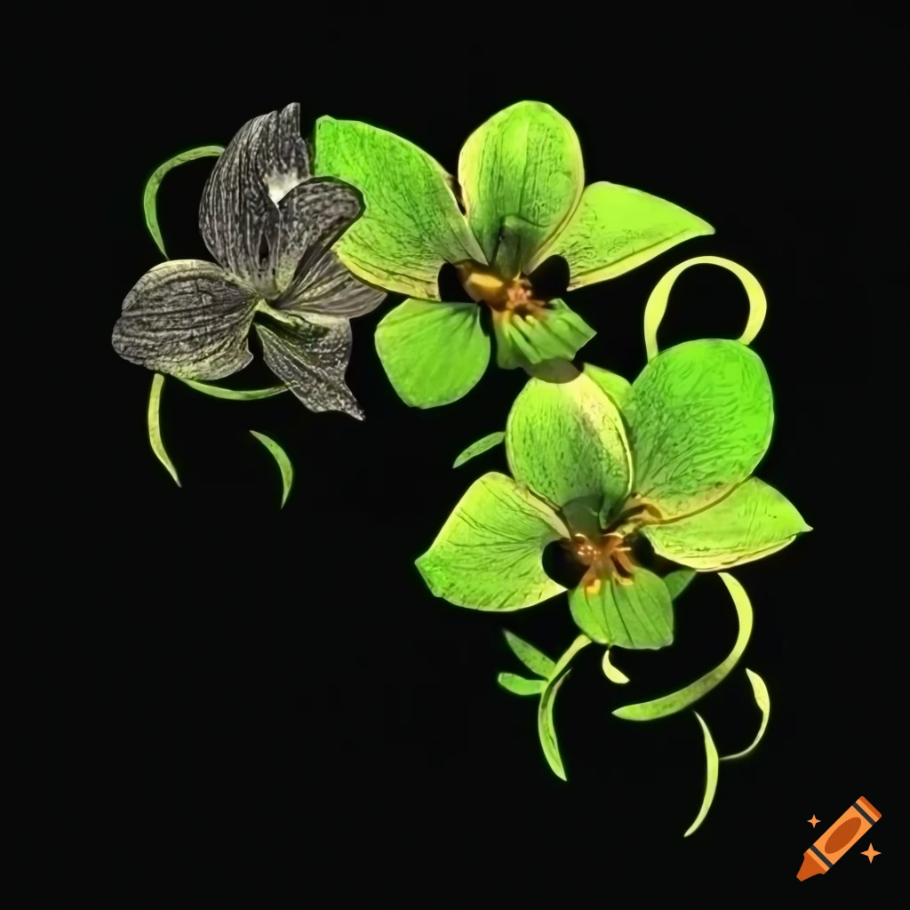 Lime green gold flowering orchid vine in video game style on transparent background