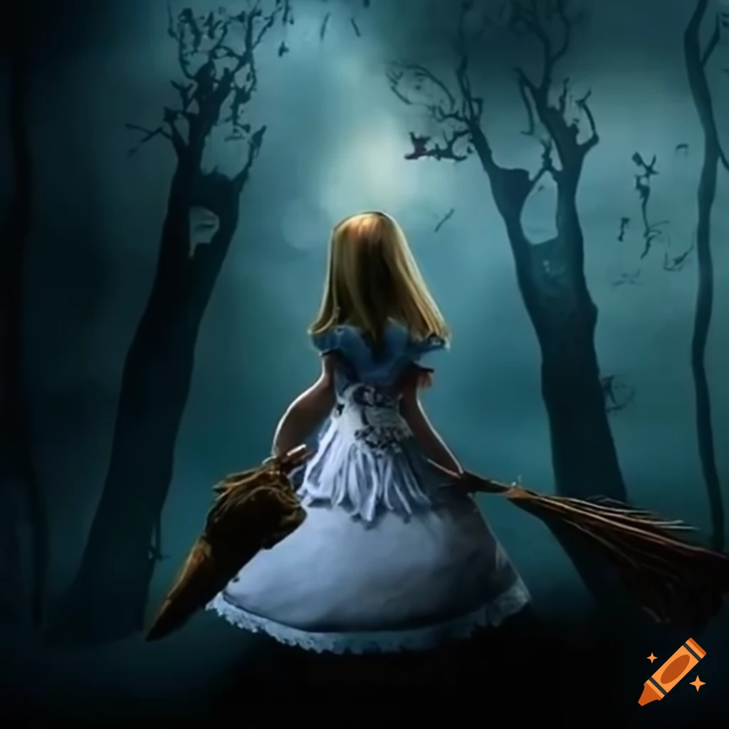 Alice flying on a broomstick through a horror wonderland