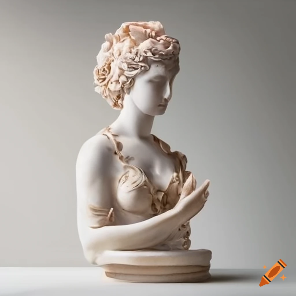 Marble sculpture of a goddess with roses as hands