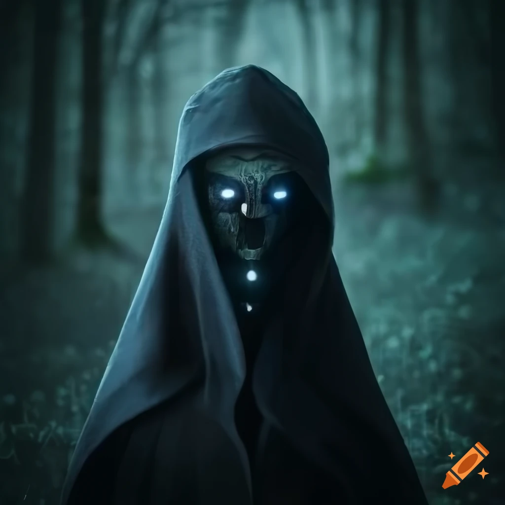Mysterious figure with robotic face and ghostly eye in a dark forest