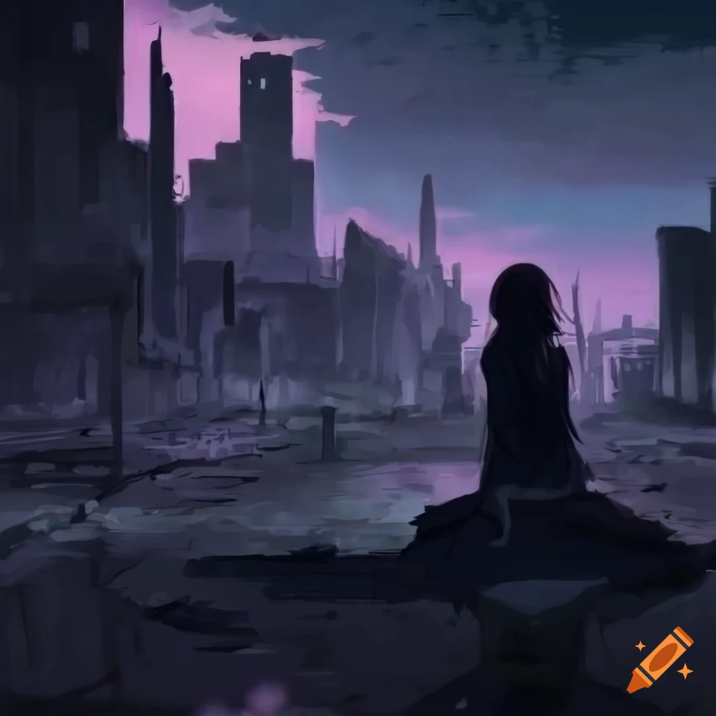Girl kneeling in city ruins with anime-style dark colors