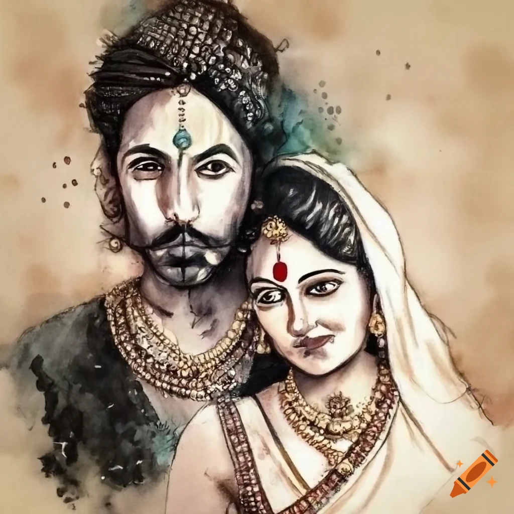 Traditional Indian royal couple sideface drawing