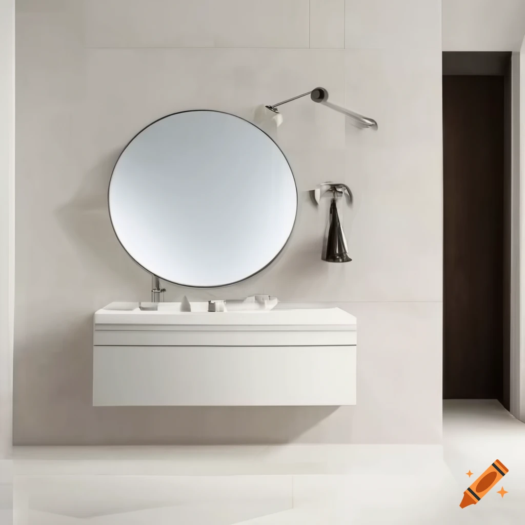 Modern bathroom with white porcelain stoneware flooring and walls, shower cubicle, built-in vanity, round mirror
