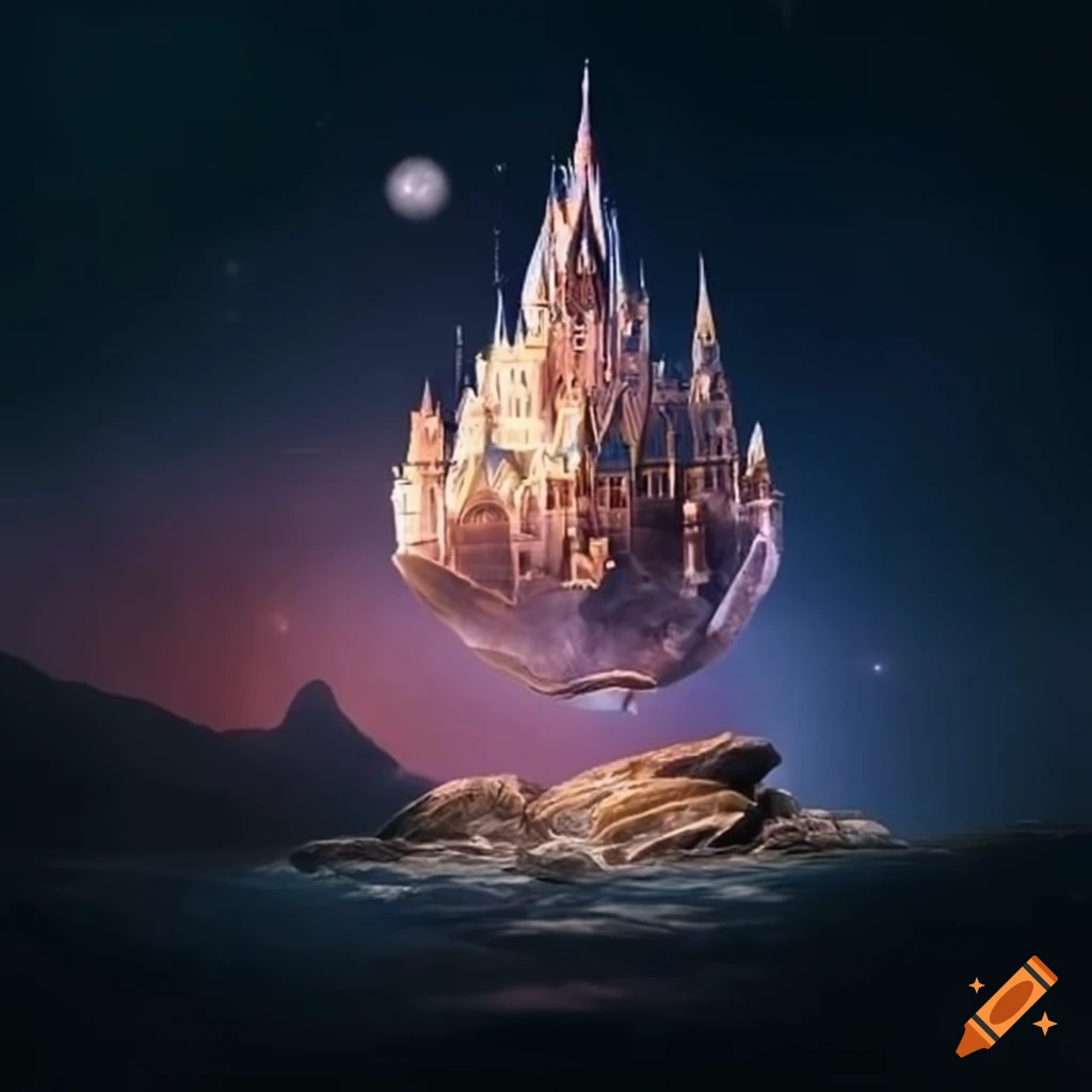 Crystal Castle cathedral kingdom floating on a rock in space