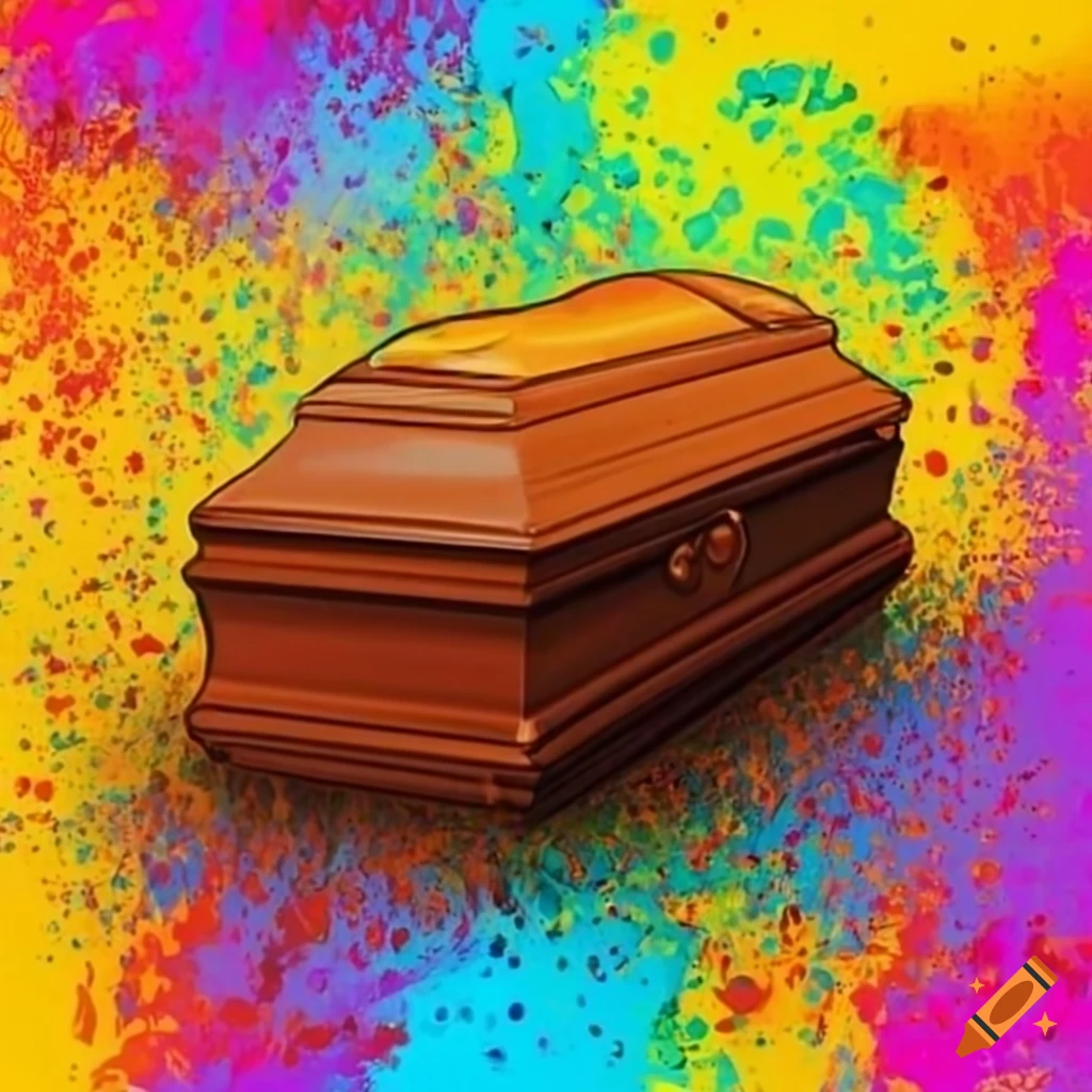 Brown casket with colorful splatter background