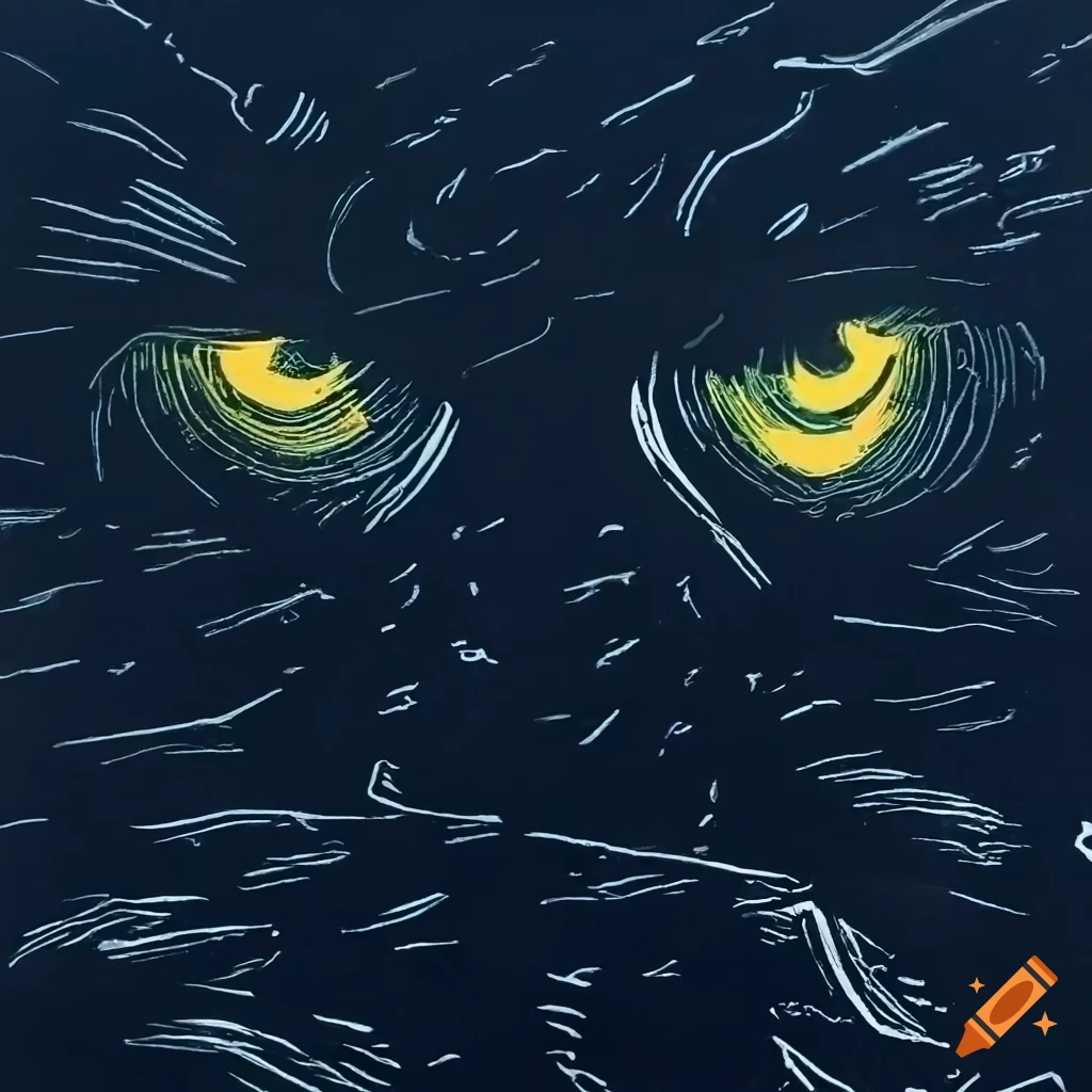 Ominous owl eyes in a dark sky linocut print