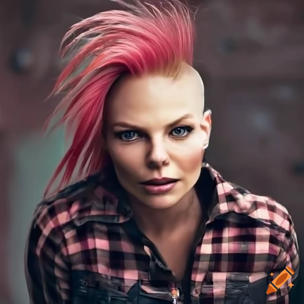 Close-up high-angle view of a punk rocker with a mohawk hairstyle and country plaid shirt