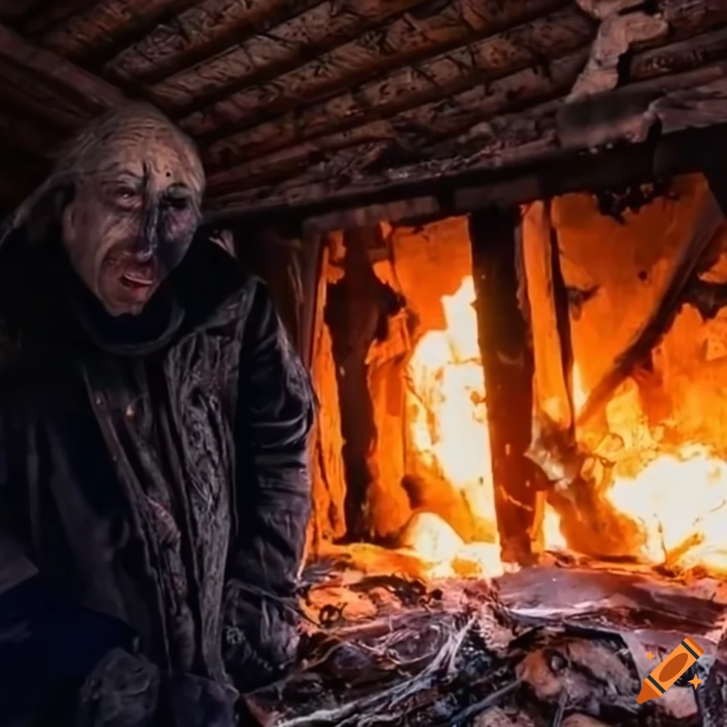 Emaciated man seeking shelter in a burned shed during winter