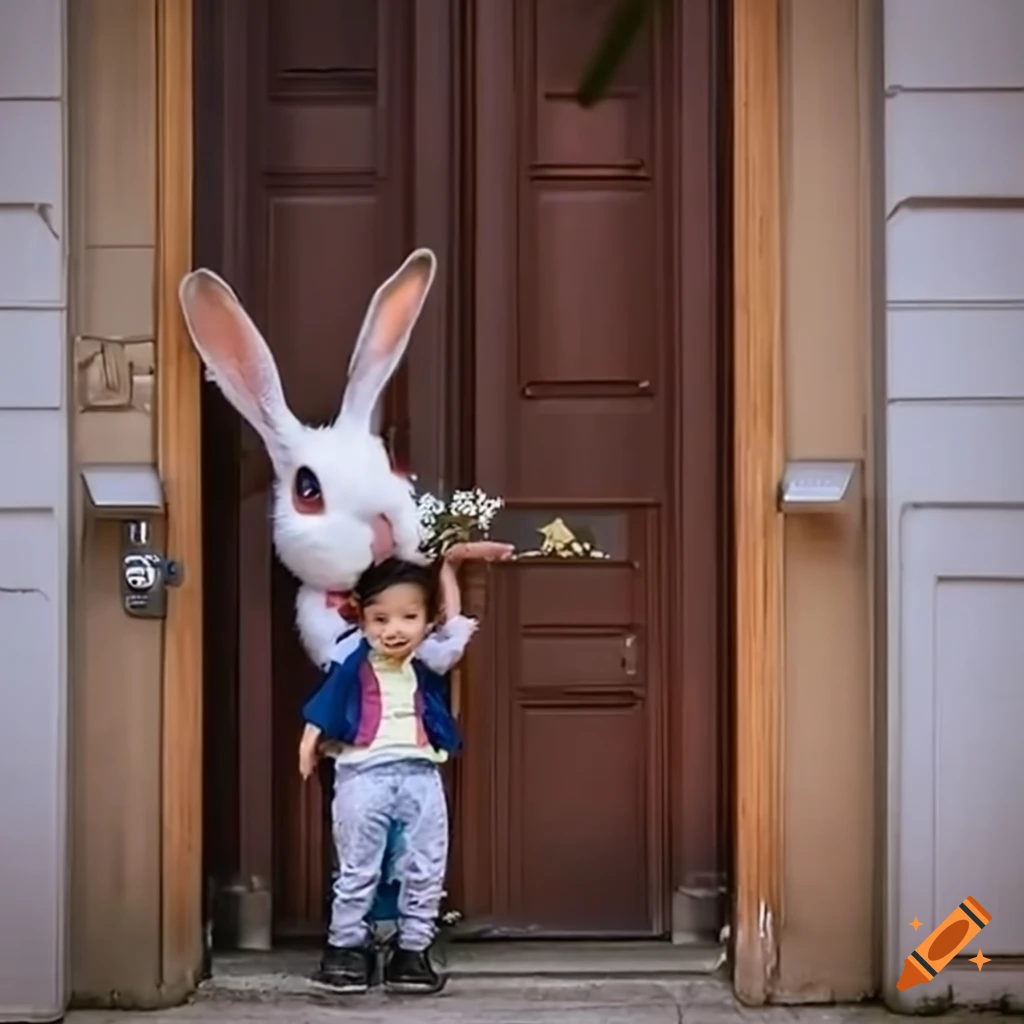 Bunny on first day of school with mom taking a photo at the front door