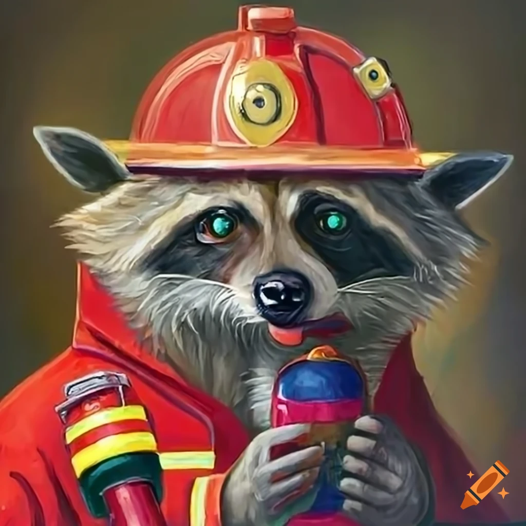 Whimsical illustration of a raccoon and a pug dressed as firefighters