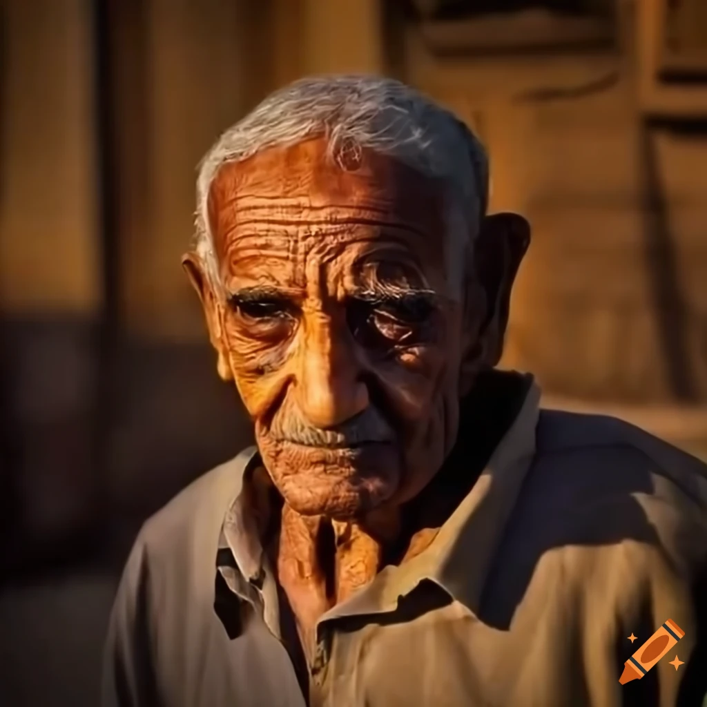 Elderly man with hunch back standing in Cairo street at sunset