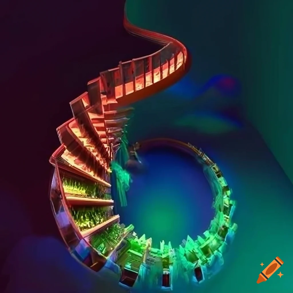 Hyperrealistic 3D winding staircase with glowing steps ascending through the clouds