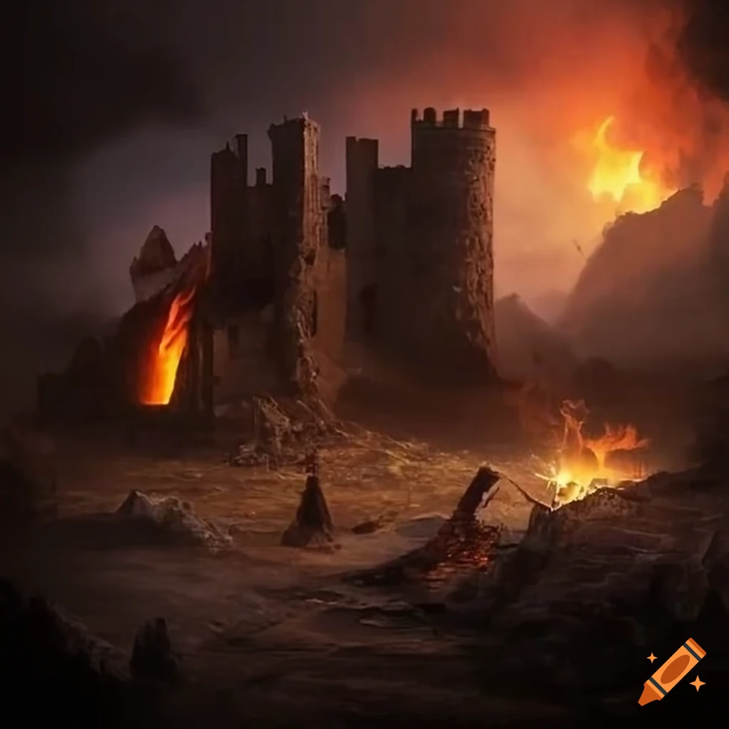 Midnight sabbath with witches around a fire near medieval castle ruins