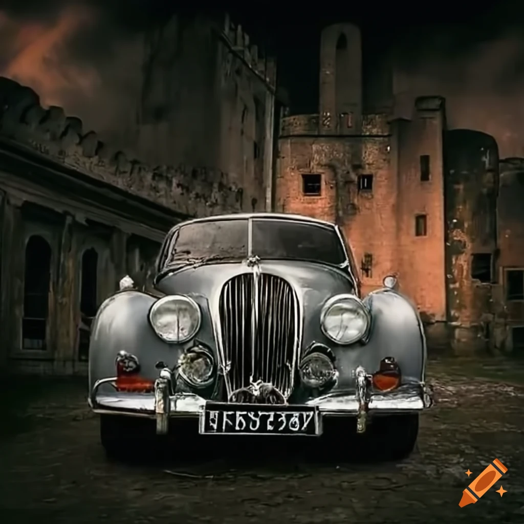 Vintage Jaguar MK2 in front of an abandoned medieval castle