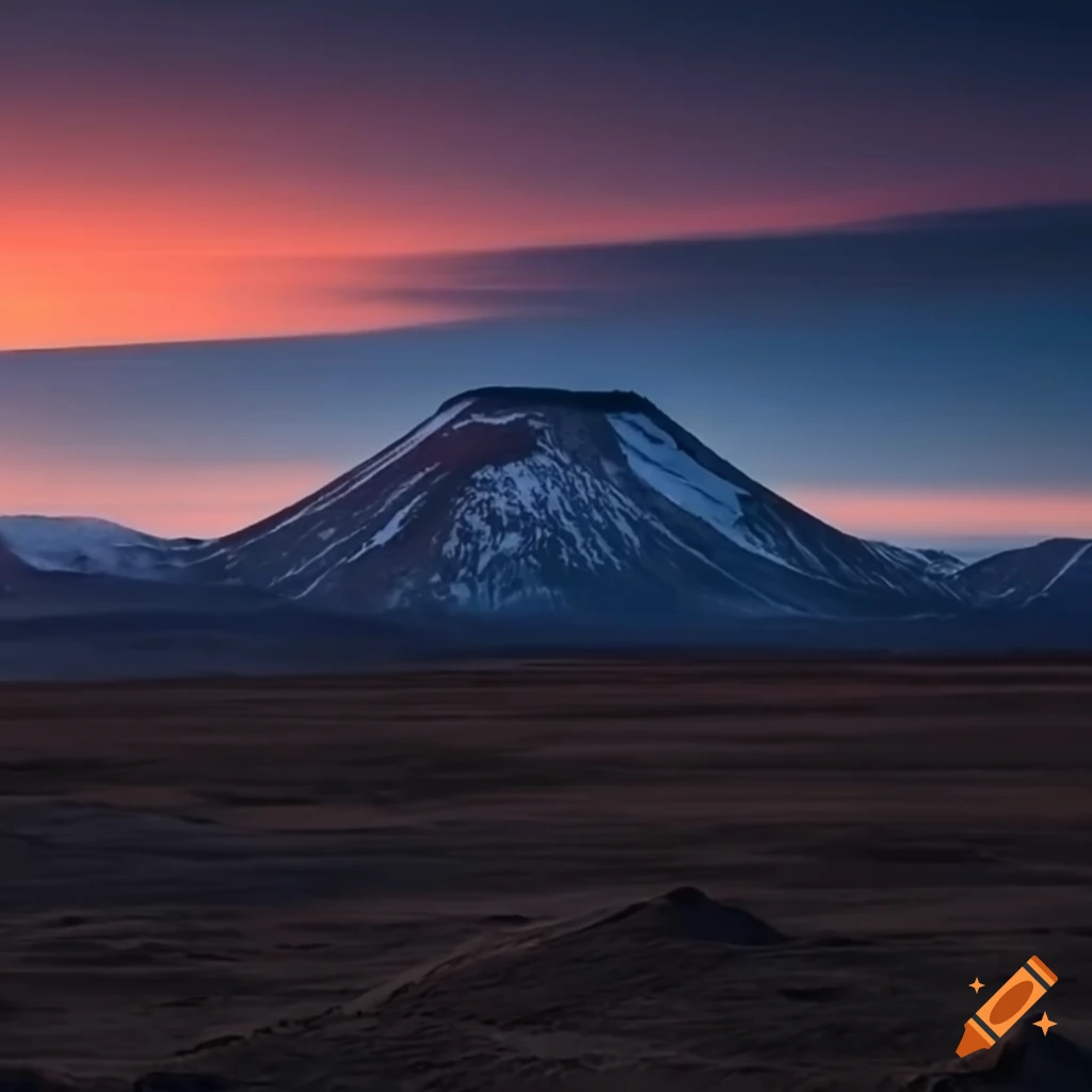 Dormant volcano in a tundra landscape under a dusk sky with distant mountains