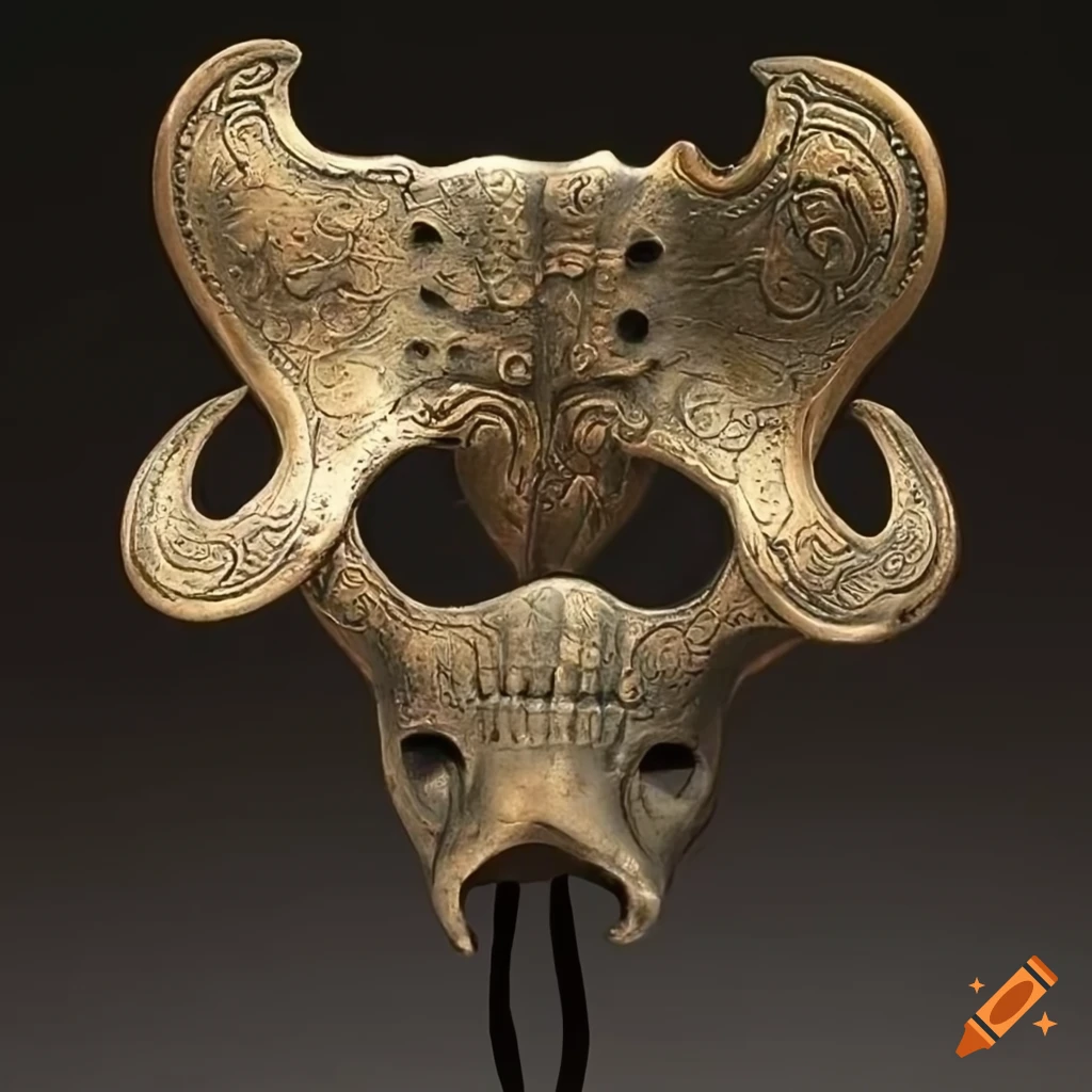 Bronze monstera deliciosa leaf pelvis mask with glyphs and moose skull