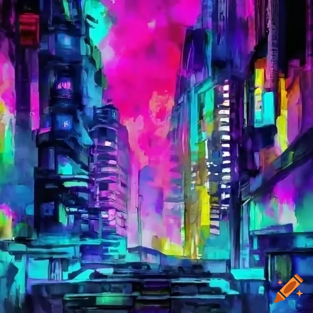 Cyberpunk city with pink, blue, and yellow neon lights