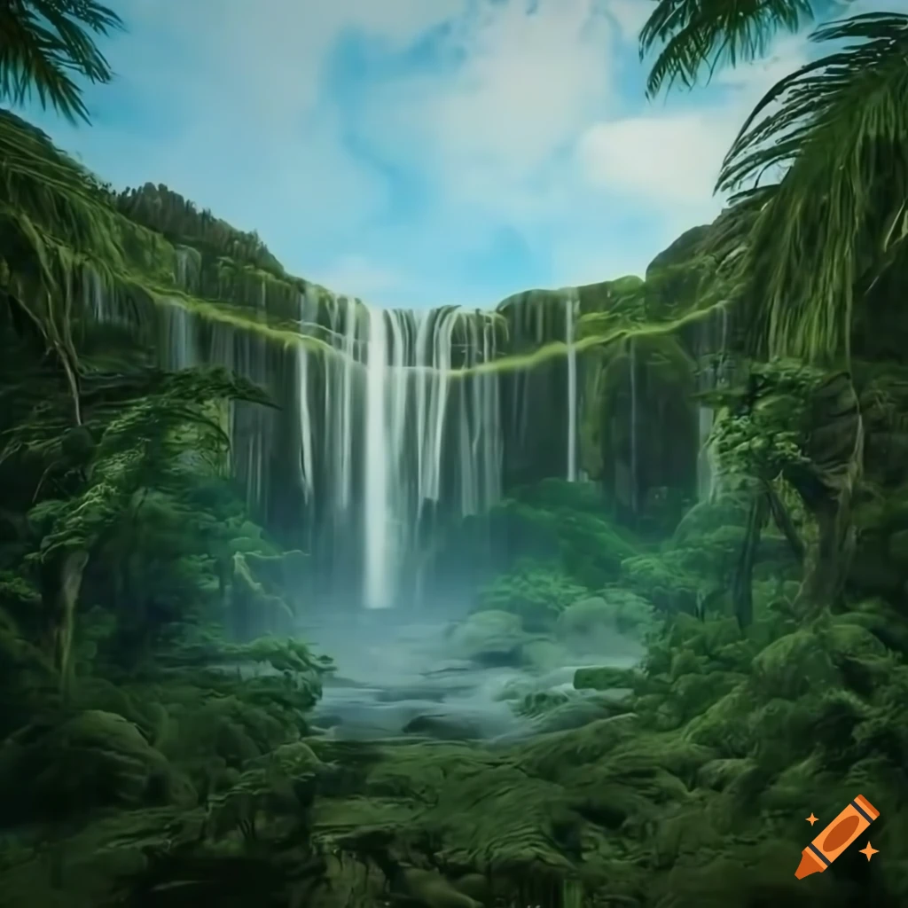 Rainforest waterfall with dinosaur skeleton under a wide sky