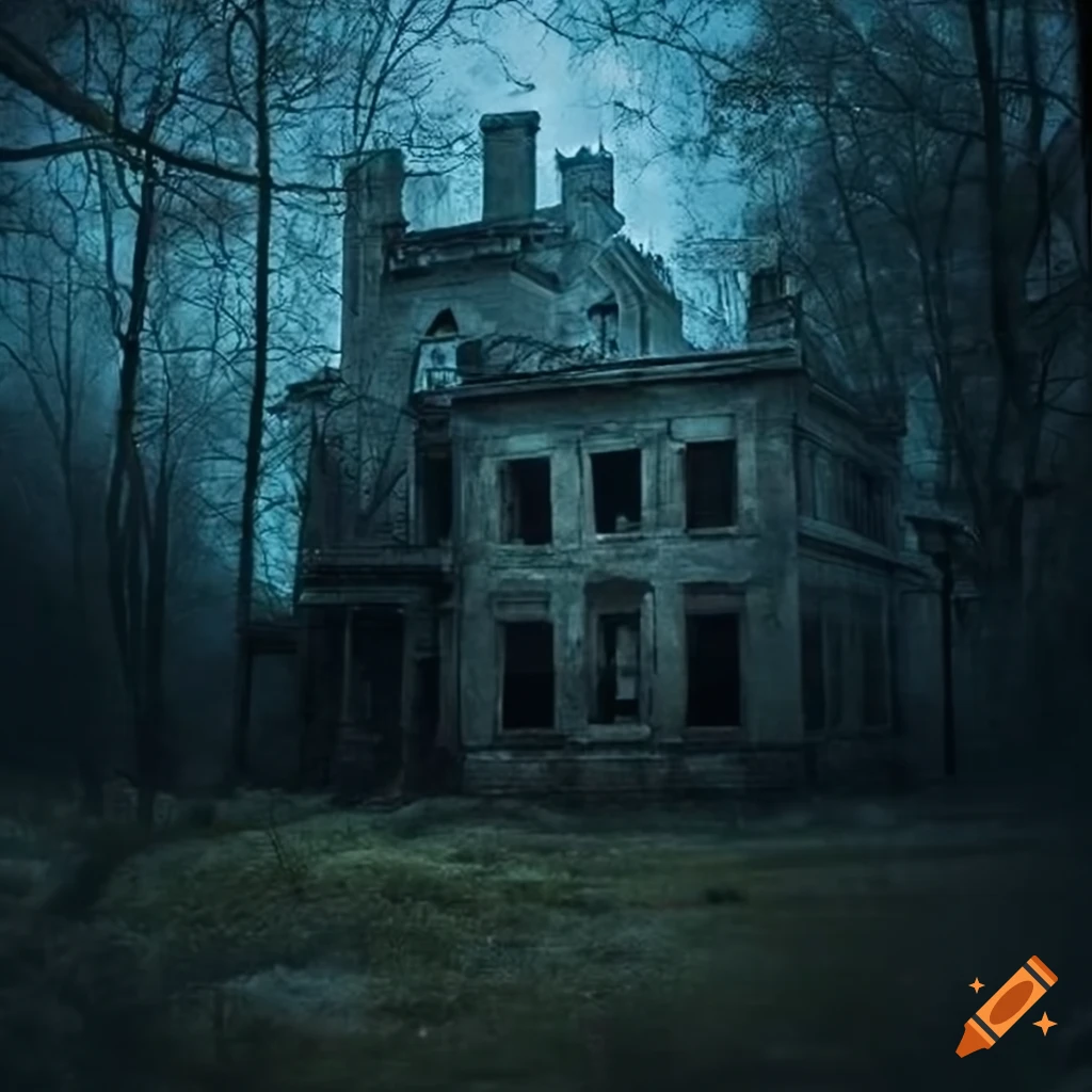 Eerie village with abandoned mansion under a full moon and dark clouds