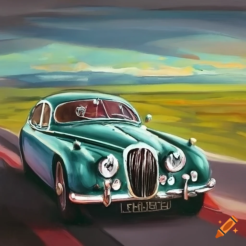 Vintage Jaguar MK2 racing on a winding track inspired by John Ketchel