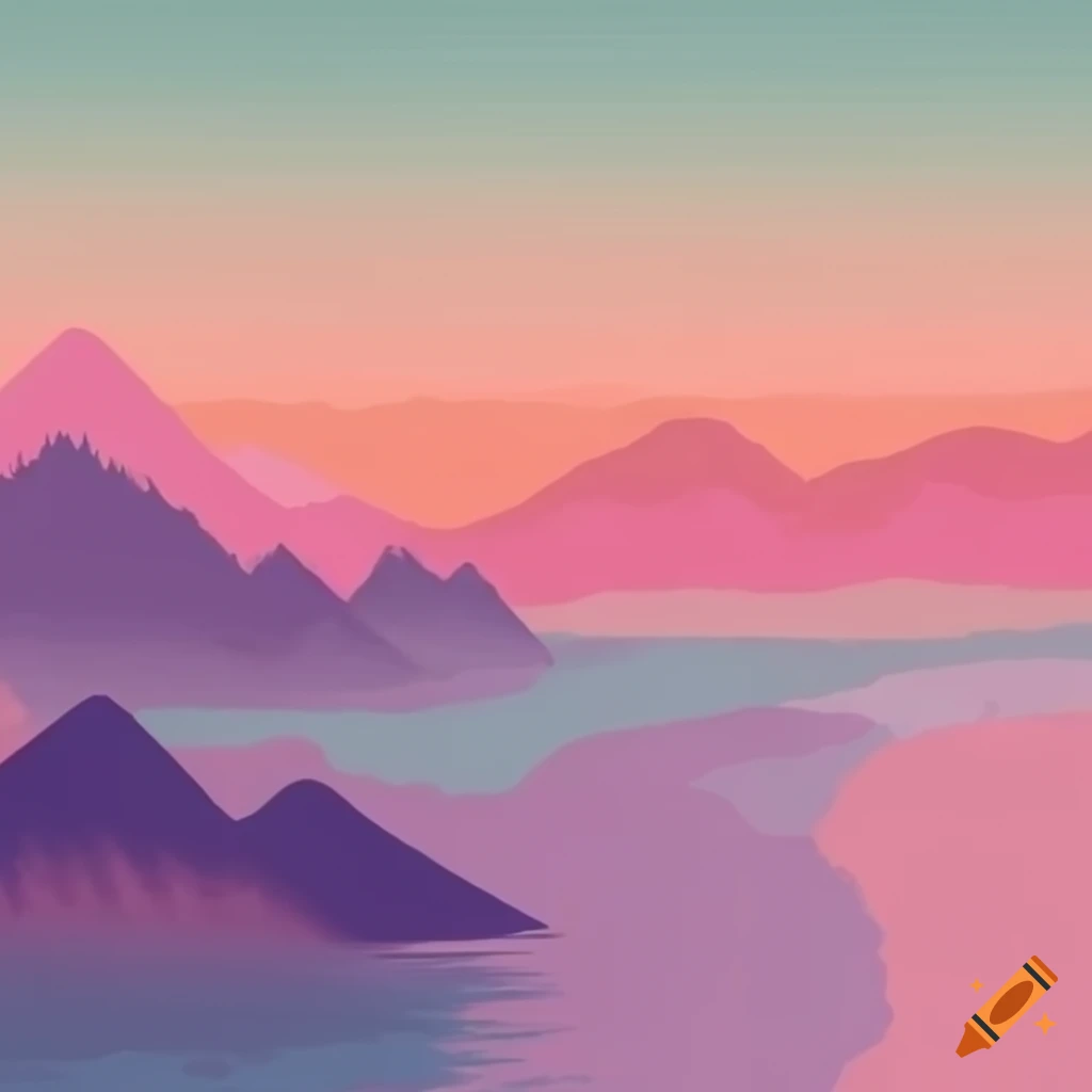 Mountains and river with a pastel pink backdrop
