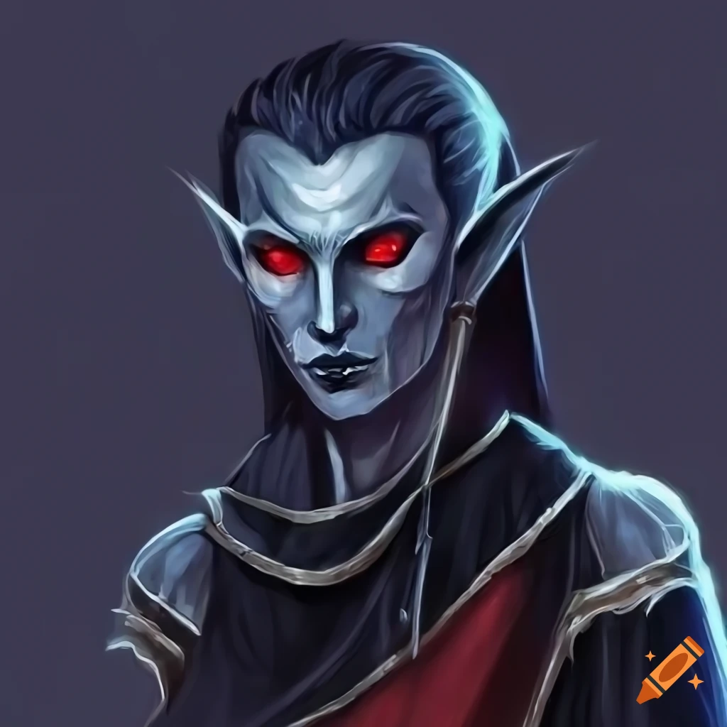 Dark elf with red eyes in noble clothing casting magic with a staff in front of a fiery background