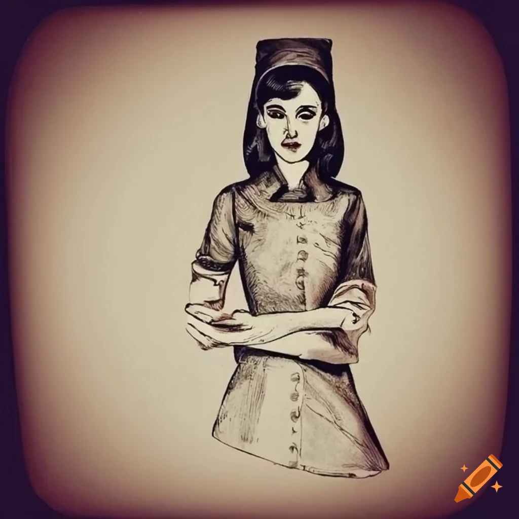 Vintage nurse with black hair and almond eyes