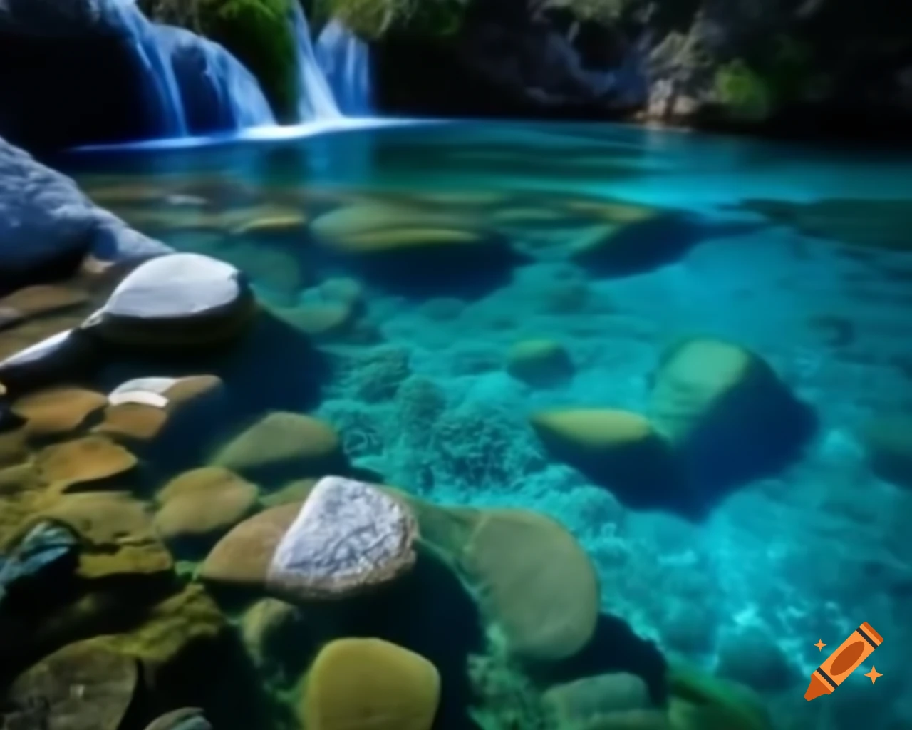 Crystal clear waterfall with visible stones and lush vegetation in Greece