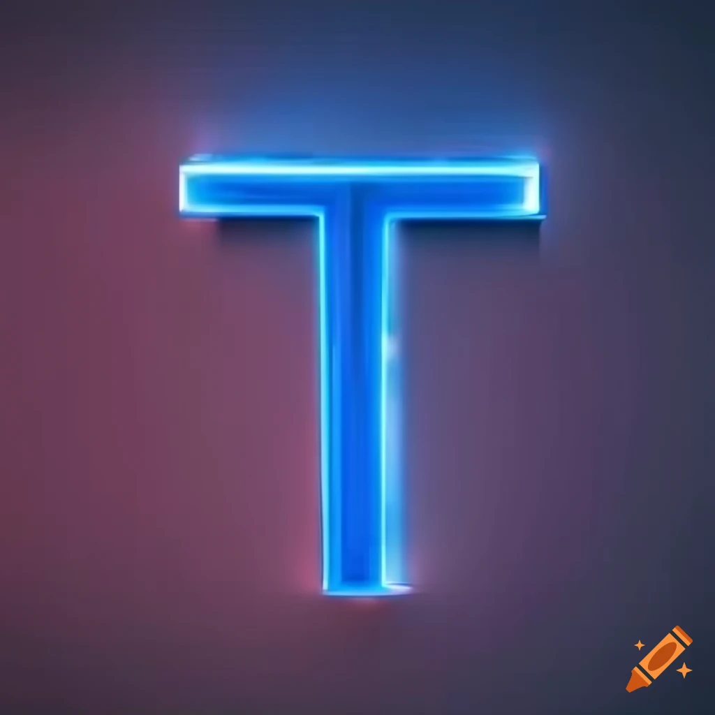 Capital letter T in blue neon lights on black background