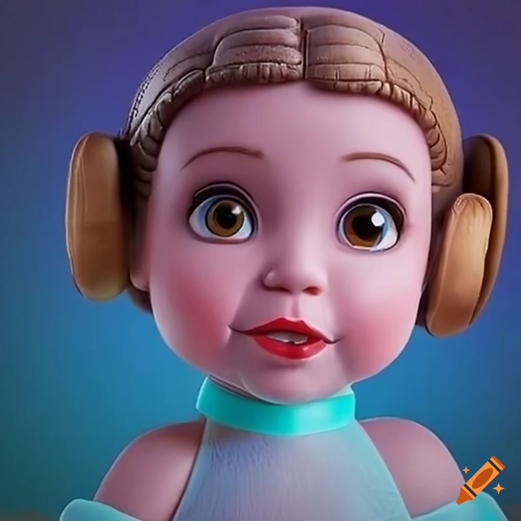 Animated toddler princess dressed as Princess Leia in a rustic alien market town at sunset