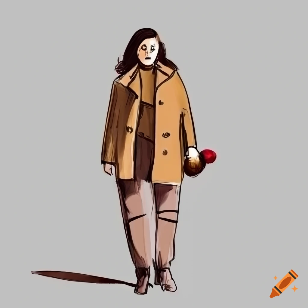Sketch of a stylish plus size woman in a camel coat and jeans with a leather tote bag