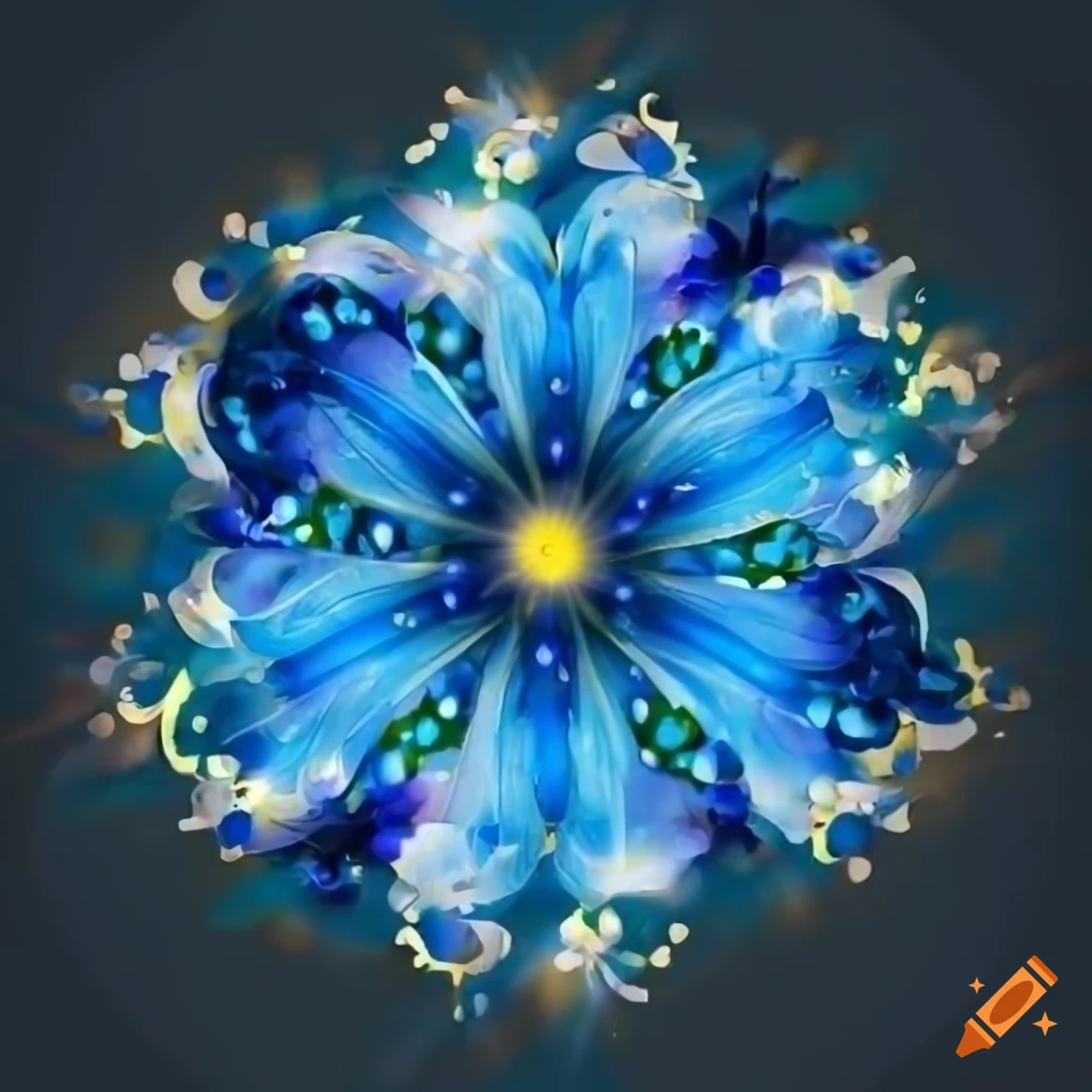 Blue, gold, white flower in video game style on transparent background
