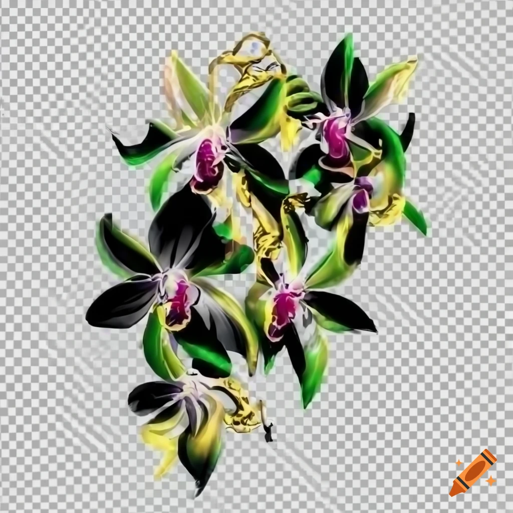 Flowering orchid vine in black, white, green, and gold on transparent background in video game style
