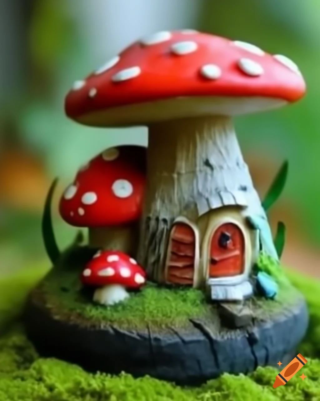 Miniature diorama of a mushroom house showcasing intricate details