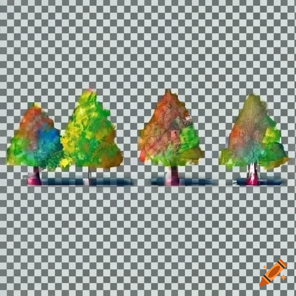Row of trees in video game style on transparent background