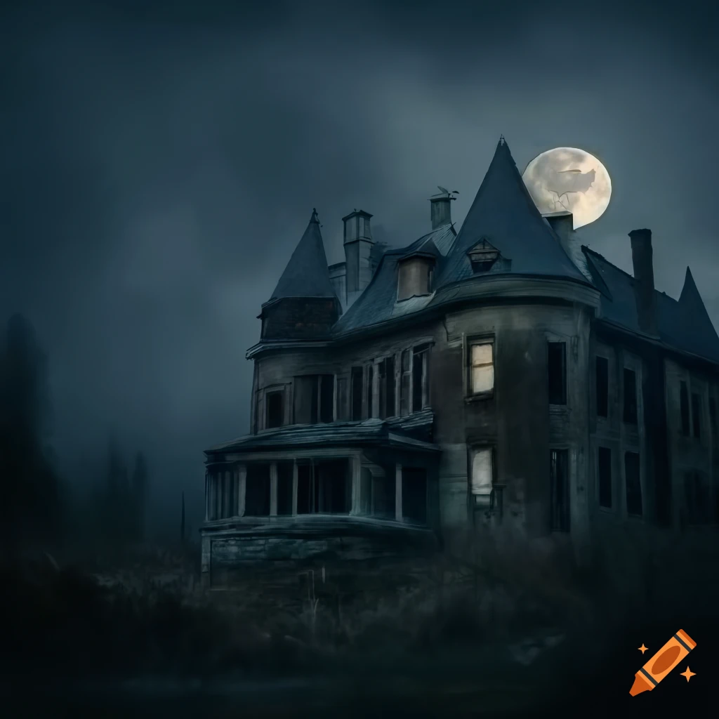 Eerie village under a full moon with an abandoned mansion near a dark forest