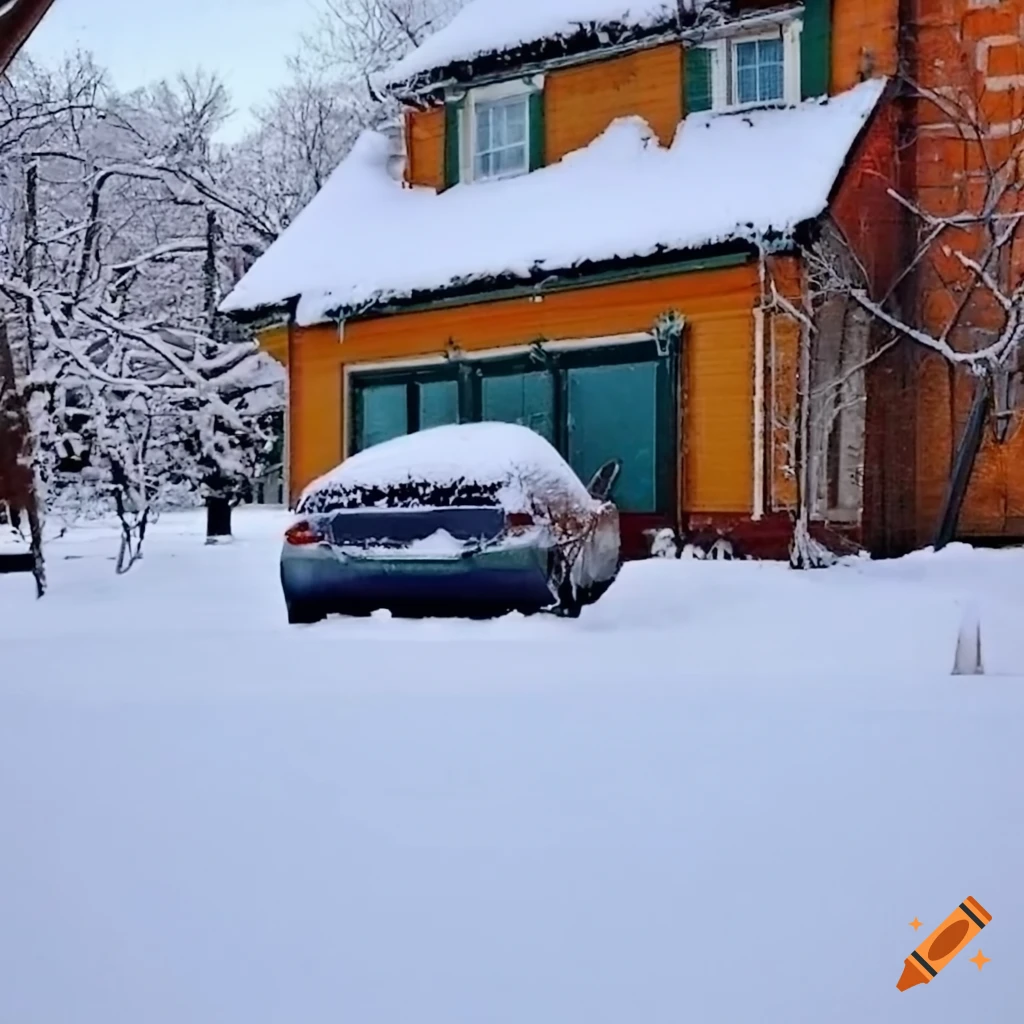 Snow-covered car in the courtyard of a country house during winter ...