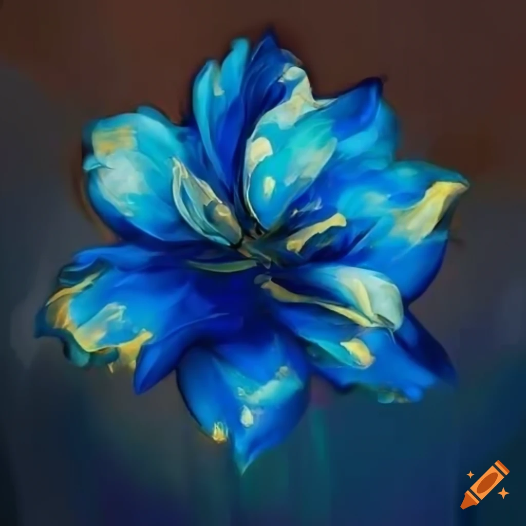 Blue, gold, white flower in video game style on transparent background