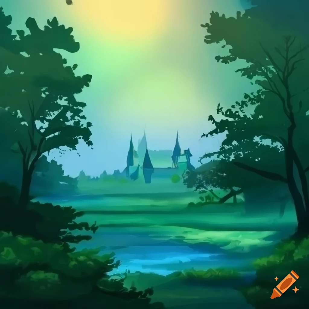 Forest scene with a castle in the background and bushes, resembling a painting