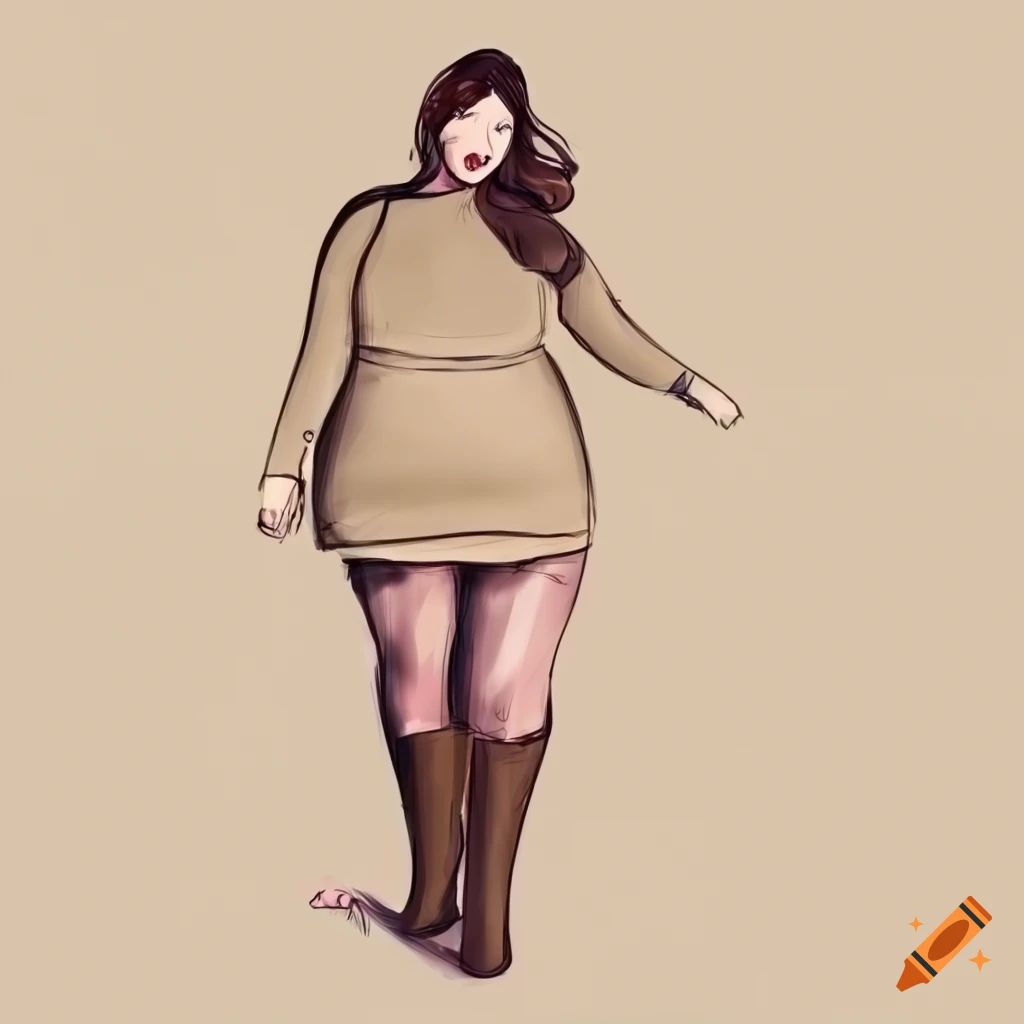 Sketch of a stylish plus-size woman in neutral knitwear and knee-high boots