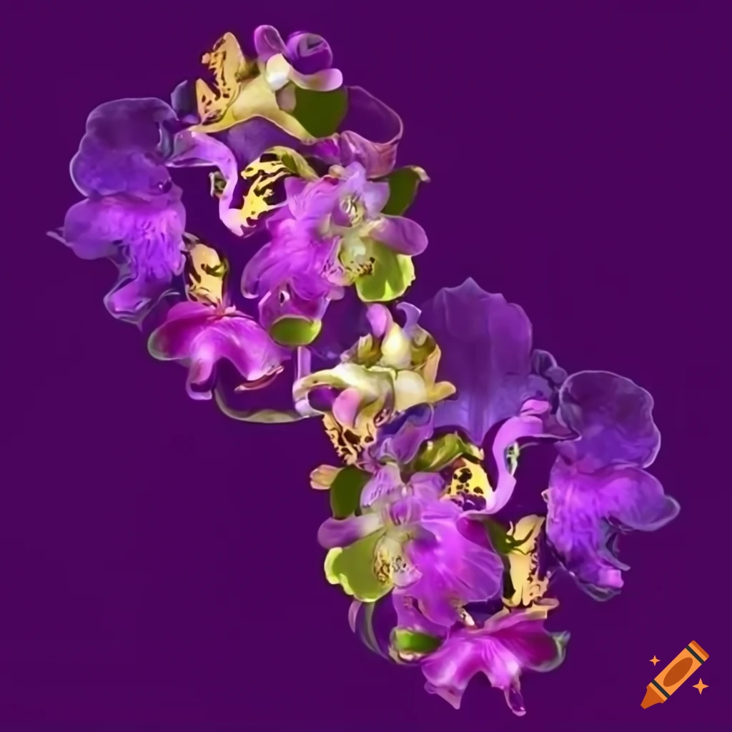 Beautiful orchid vine with purple, green, and gold flowers in stylistic video game style