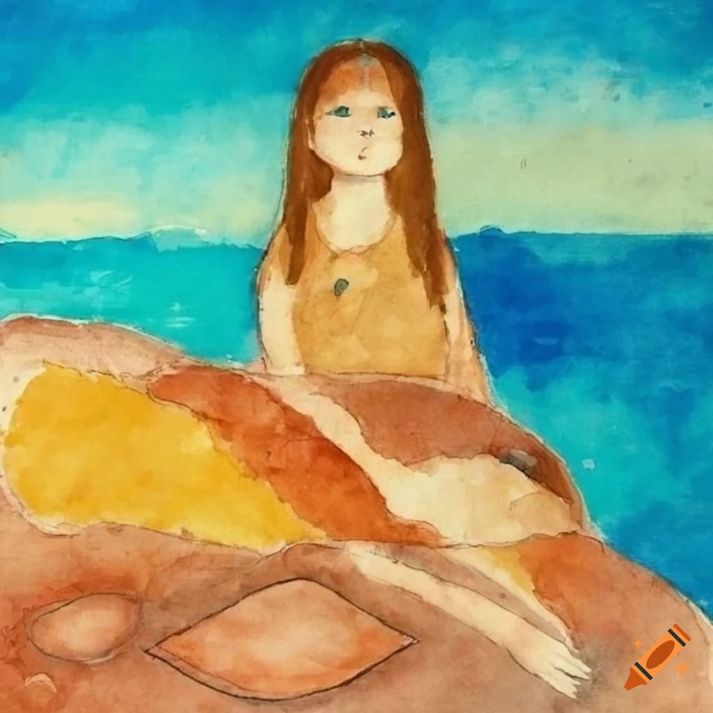 Child selkie with long brown hair and seal's tail resting on a rock by the sea in a Paul Klee style