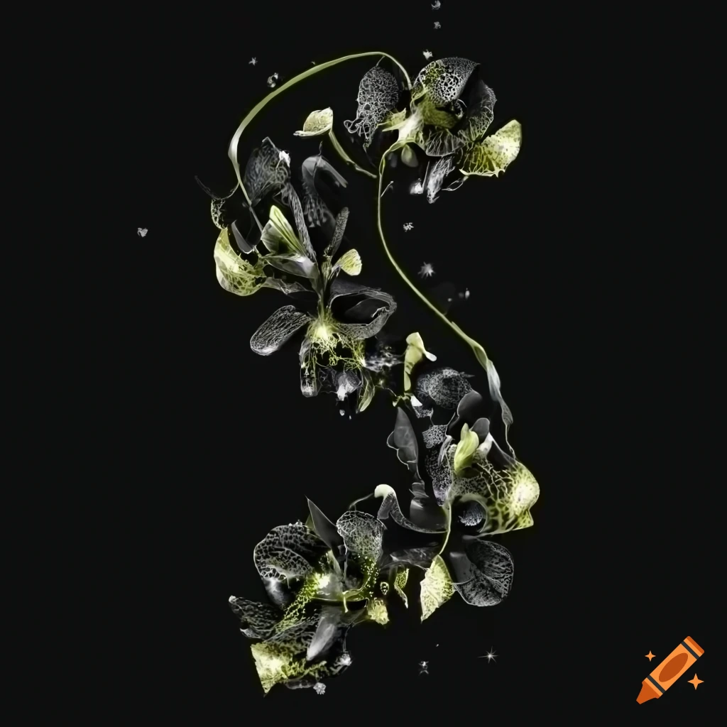 Sparkly orchid vine with black, white, green, and gold colors in video game style
