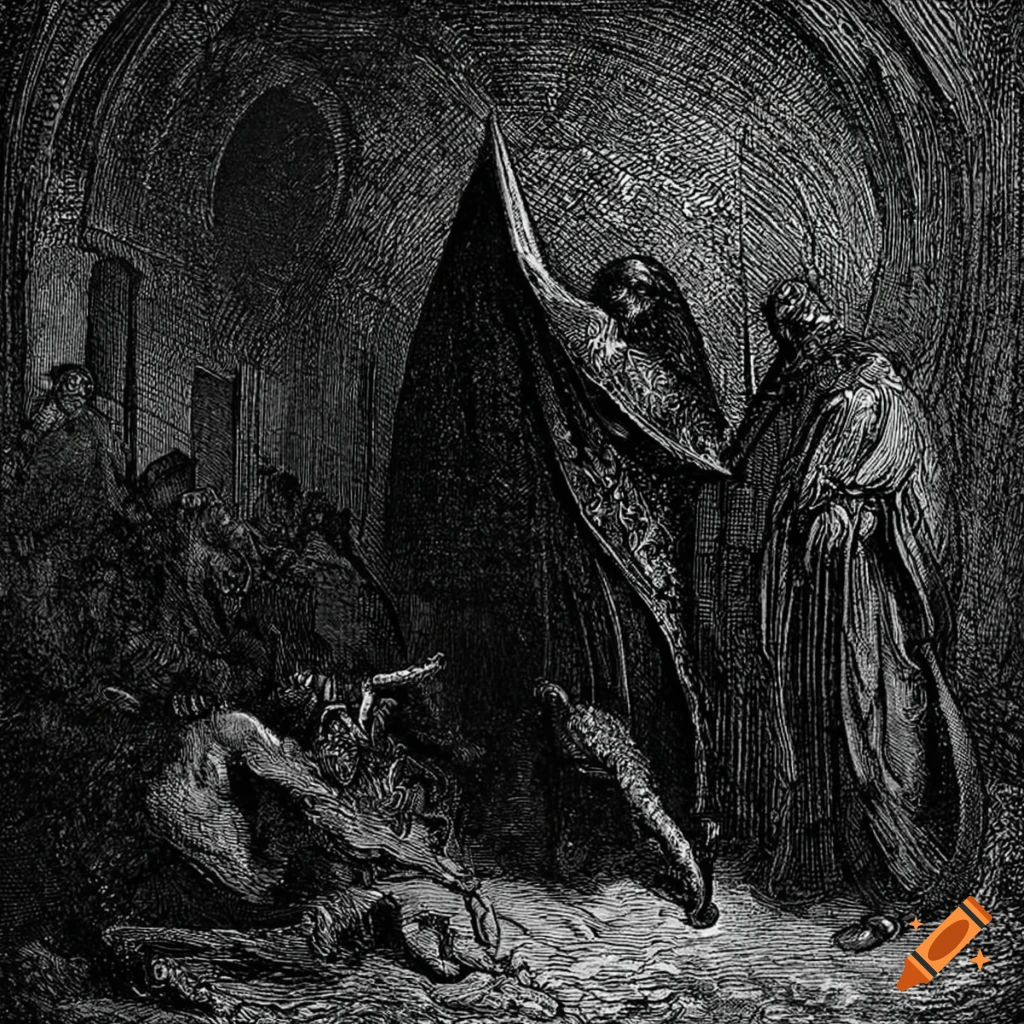 Medieval black metal art in monochrome style by Gustave Dore